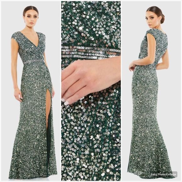 Mac Duggal 5489  Womens Green Cap SLEEVE SEQUINED HIGH SLIT GOWN - Picture 1 of 15
